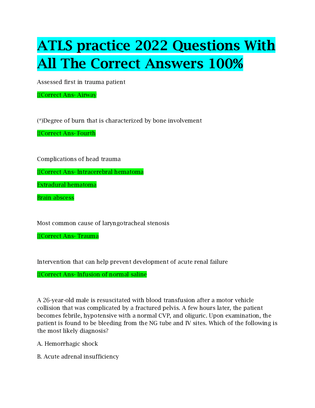 Preview image for ATLS practice 2022 Questions With All The Correct Answers 100%